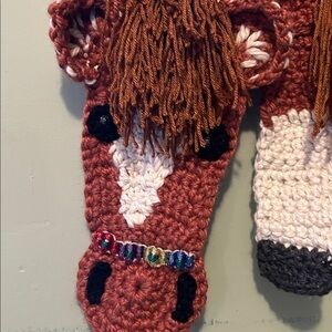 Handmade cinnamon and Cream Horse Scarf with Blue Bow Accent thick yarn new